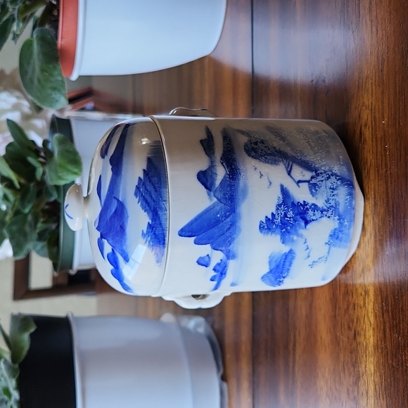 1940's Celadon Handpainted Ceramic Double Lid Chinese Tea Canister